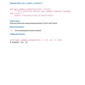 May include: A white page with the title "17. Advanced Function Example" and Python code examples. The code defines a function to find common elements in lists, with explanations and output examples. The text "Moonlight Pixel | For personal use only - Not for resale" is at the bottom.