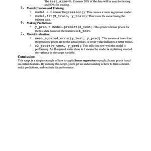 May include: A document with text detailing a linear regression script for predicting house prices. The text includes sections on model creation, training, making predictions, and model evaluation. The document is from Moonlight Pixel.