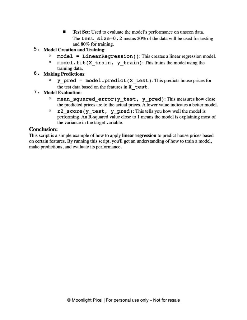 May include: A document with text detailing a linear regression script for predicting house prices. The text includes sections on model creation, training, making predictions, and model evaluation. The document is from Moonlight Pixel.