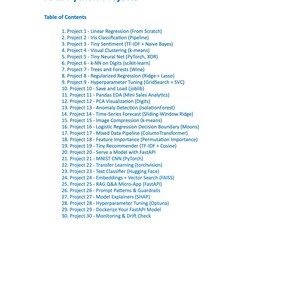 May include: A white page with the title "AI in Python-Projects" and a table of contents listing 30 projects. The projects cover topics like linear regression, neural networks, and machine learning techniques. The text "Moonlight Pixel" is at the bottom.