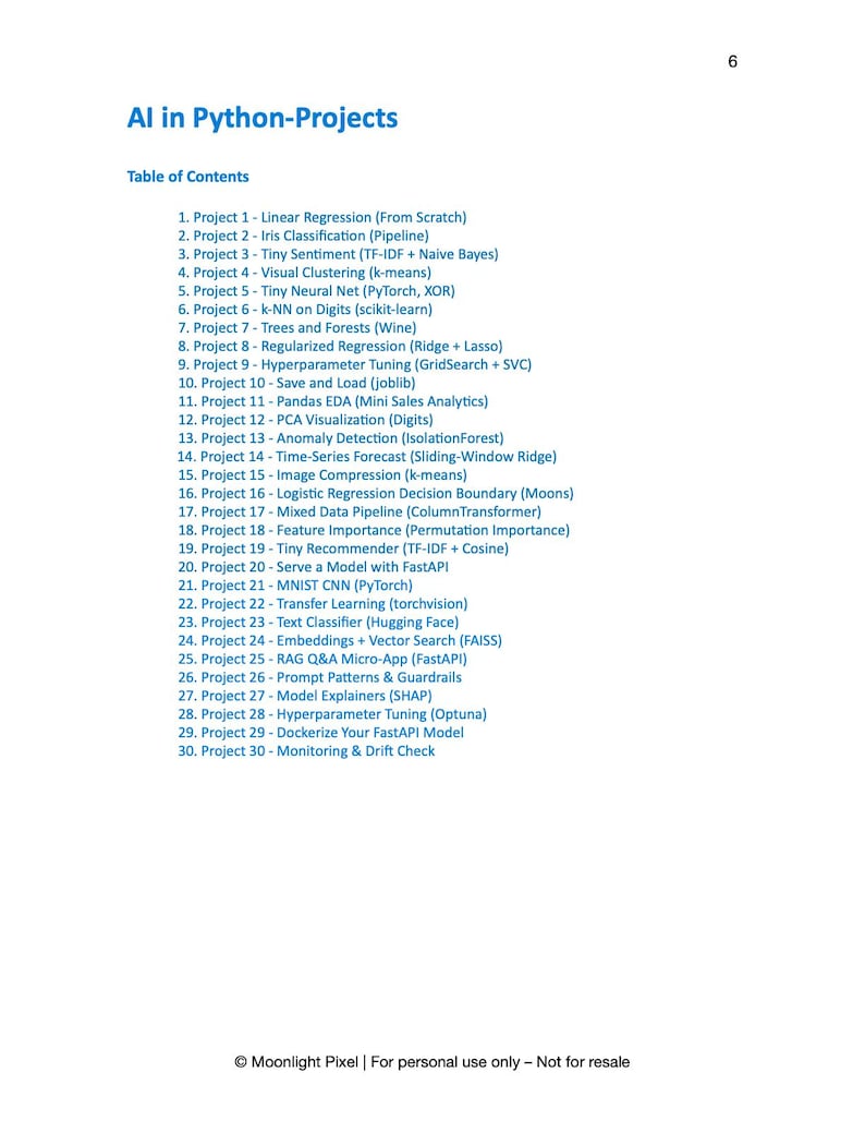 May include: A white page with the title "AI in Python-Projects" and a table of contents listing 30 projects. The projects cover topics like linear regression, neural networks, and machine learning techniques. The text "Moonlight Pixel" is at the bottom.