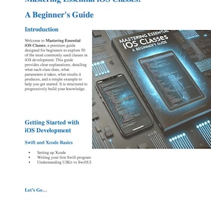Puede incluir: Una portada de libro con el título "Mastering Essential iOS Classes: A Beginner's Guide". La portada presenta un teléfono inteligente con código en la pantalla y un fondo de placa de circuito.