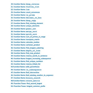 May include: A white page with the title "Complex Function Example" and a numbered list of function names. The list includes names like "deep_reverse", "flatten_list", and "count_occurences". The bottom of the page has a copyright notice.