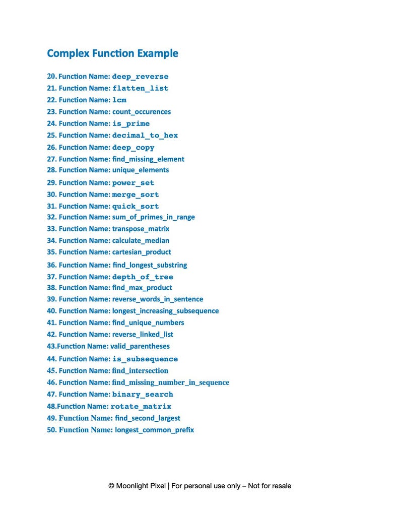 May include: A white page with the title "Complex Function Example" and a numbered list of function names. The list includes names like "deep_reverse", "flatten_list", and "count_occurences". The bottom of the page has a copyright notice.