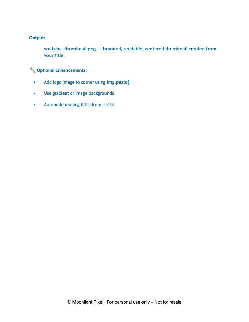 Peut inclure: Fond blanc avec le texte "Output: youtube_thumbnail.png - branded, readable, centered thumbnail created from your title." Le texte suppl&eacute;mentaire &eacute;num&egrave;re les am&eacute;liorations optionnelles, y compris l'ajout d'un logo et l'utilisation de d&eacute;grad&eacute;s.
