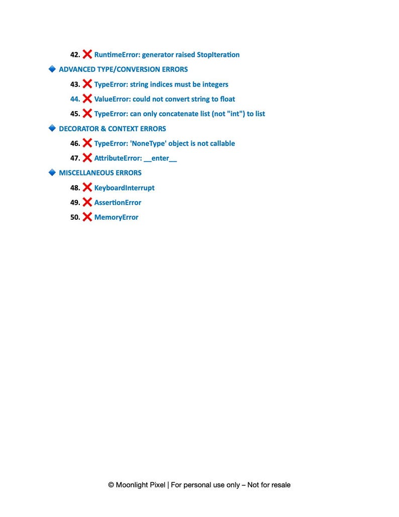 K&ouml;nnte beinhalten: Eine wei&szlig;e Seite mit einer Liste von Python-Fehlermeldungen, darunter RuntimeErrors und TypeErrors, mit roten Kreuzen neben jeder. Der Text ist schwarz. Am unteren Rand der Seite steht "Moonlight Pixel | For personal use only - Not for resale."