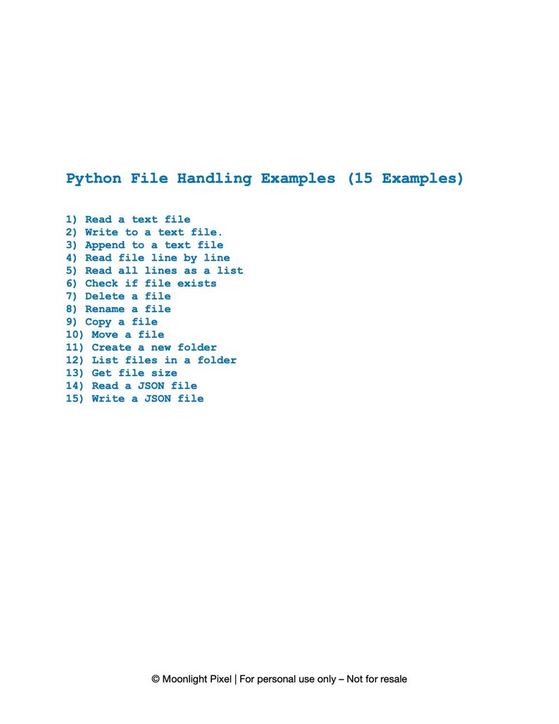May include: A white background with blue text listing 15 Python file handling examples. The title reads "Python File Handling Examples (15 Examples)". The examples include reading, writing, appending, and deleting files.