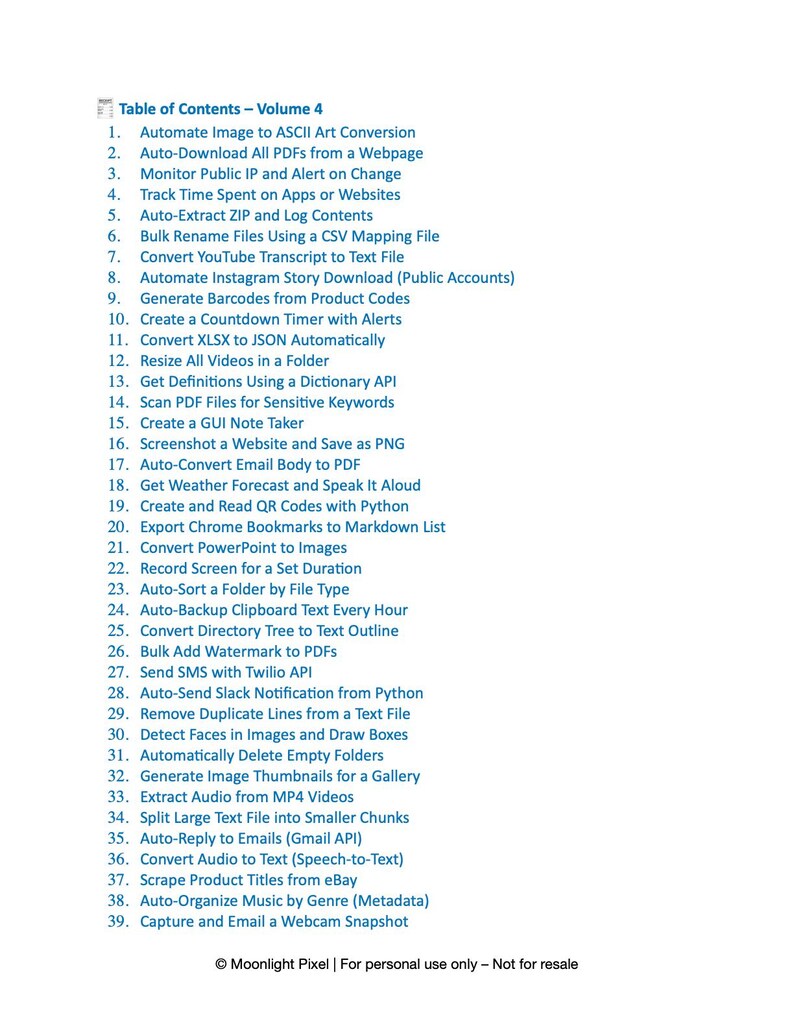 May include: A white document titled "Table of Contents - Volume 4" lists 39 software automation functions. The text includes options for image conversion, PDF handling, and social media automation. The document is from Moonlight Pixel.