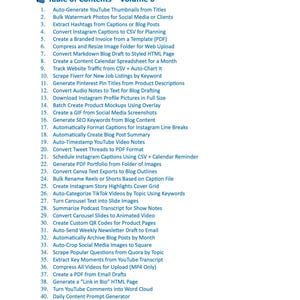 Peut inclure: Un document bleu et blanc intitul&eacute; "Table des mati&egrave;res - Volume 6" r&eacute;pertorie 41 t&acirc;ches de marketing num&eacute;rique, notamment la g&eacute;n&eacute;ration de miniatures YouTube, la cr&eacute;ation de GIF et la conversion de notes audio en texte. Le document est de Moonlight Pixel.