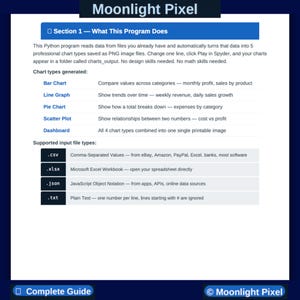Op de afbeelding: Een blauw-witte afbeelding met de tekst "Moonlight Pixel". De afbeelding beschrijft een Python-programma dat gegevens omzet in PNG-diagrammen. Het bevat grafiektypen zoals staafdiagrammen en lijngrafieken, en ondersteunde bestandstypen zoals CSV en JSON.