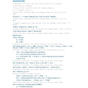 May include: A page of annotated Python code, including comments and function definitions for linear regression using NumPy. The text includes variable declarations, mathematical formulas, and the phrase "Moonlight Pixel | For personal use only - Not for resale."