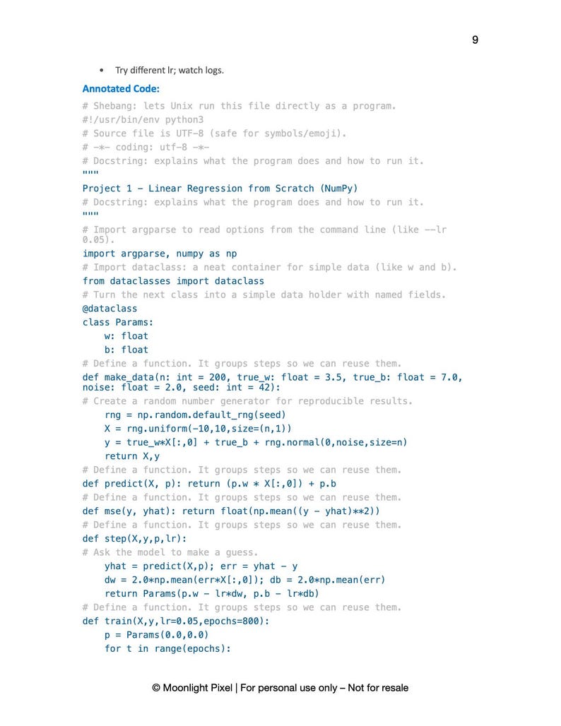 May include: A page of annotated Python code, including comments and function definitions for linear regression using NumPy. The text includes variable declarations, mathematical formulas, and the phrase "Moonlight Pixel | For personal use only - Not for resale."