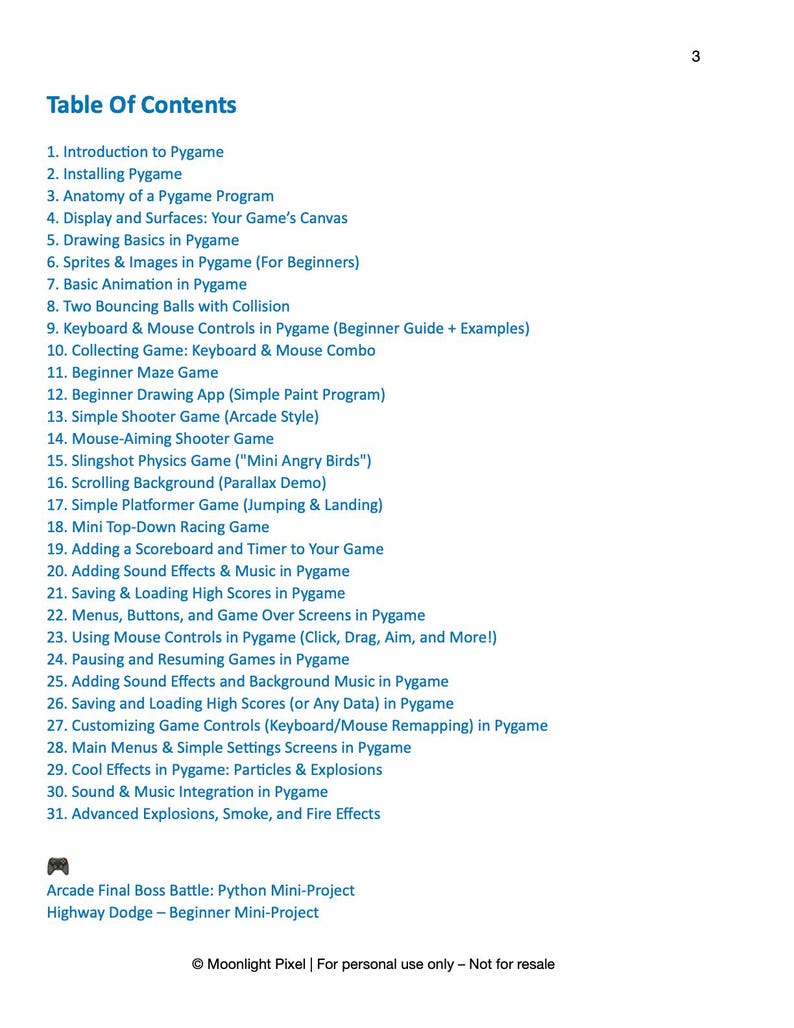 May include: A white page with a table of contents for a Pygame tutorial. The list includes topics like game development basics, animation, and sound effects. The text also mentions mini-projects.