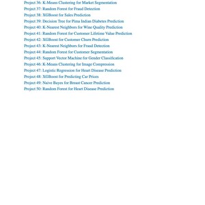 May include: A list of data science project titles in a sans-serif font. The projects include topics like spam email detection, market segmentation, fraud detection, and predicting car prices. The text is in a blue-green color on a white background.