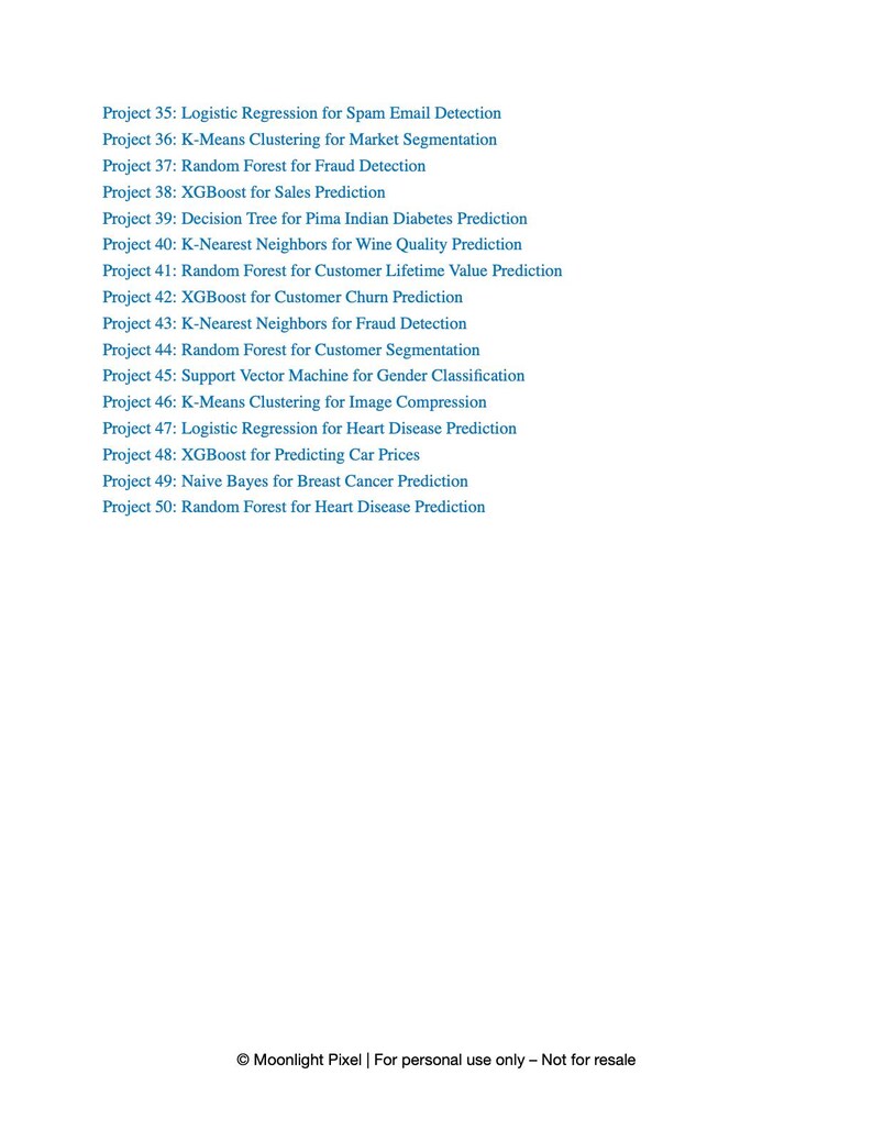 May include: A list of data science project titles in a sans-serif font. The projects include topics like spam email detection, market segmentation, fraud detection, and predicting car prices. The text is in a blue-green color on a white background.