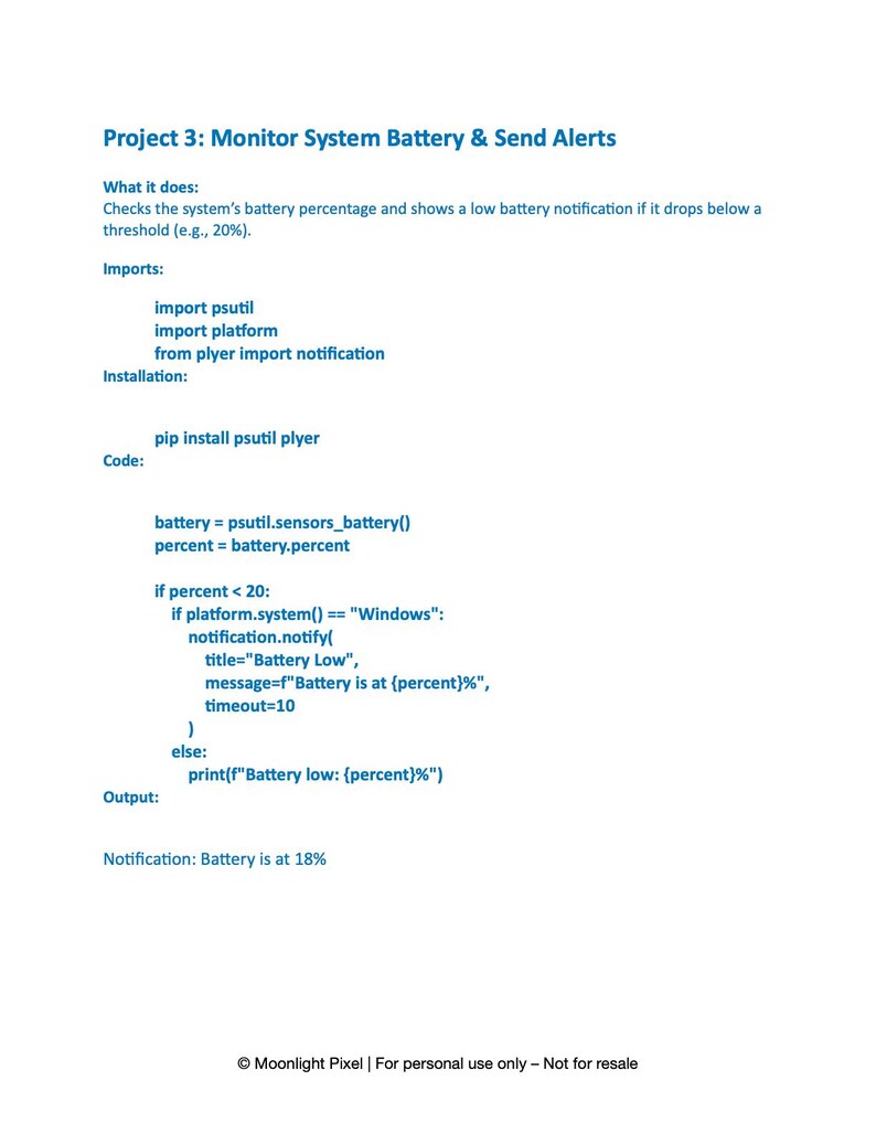 以下が含まれることがあります： 青いタイトル「Project 3: Monitor System Battery & Send Alerts」が書かれた白いページ。システムバッテリーを監視し、アラートを送信するPythonプロジェクトで、コードスニペットと手順が含まれています。