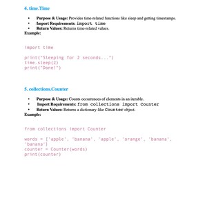 Puede incluir: Una p&aacute;gina blanca con texto negro que detalla funciones de c&oacute;digo Python. El texto incluye ejemplos de las funciones 'time.Time' y 'collections.Counter', con instrucciones de importaci&oacute;n y ejemplos de uso. La p&aacute;gina est&aacute; etiquetada como 'P&aacute;gina 2'.