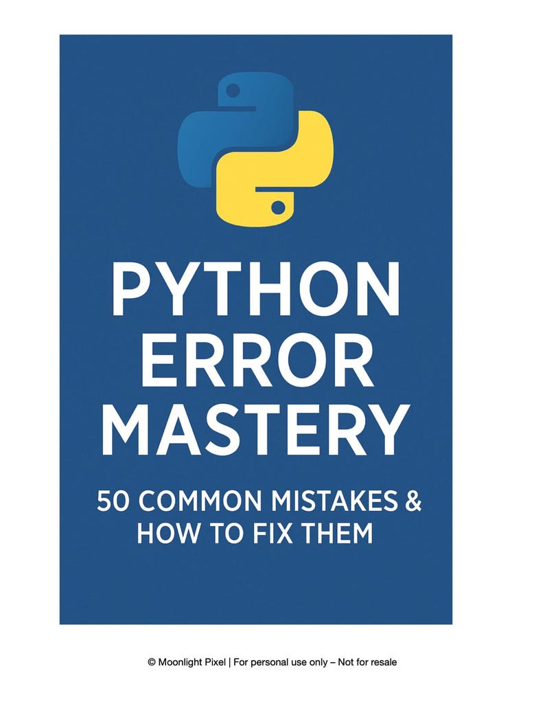 K&ouml;nnte beinhalten: Ein blau-gelbes Python-Logo befindet sich auf einem blauen Hintergrund mit wei&szlig;em Text. Der Text lautet "PYTHON ERROR MASTERY" und "50 COMMON MISTAKES & HOW TO FIX THEM". Das Bild ist ein Leitfaden f&uuml;r die Python-Programmierung.