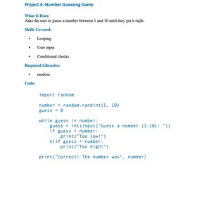 May include: A white page with the title "Project 4: Number Guessing Game" and Python code. The code includes instructions for a number guessing game, covering looping, user input, and conditional checks. The text "Moonlight Pixel | For personal use only - Not for resale" is at the bottom.