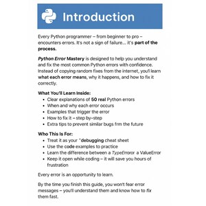 K&ouml;nnte beinhalten: Ein wei&szlig;es Dokument mit blauem Titel "Introduction". Der Text beschreibt Python Error Mastery, einschlie&szlig;lich Erkl&auml;rungen, Beispiele und L&ouml;sungen. Es richtet sich an Programmierer, um h&auml;ufige Python-Fehler zu verstehen und zu beheben.