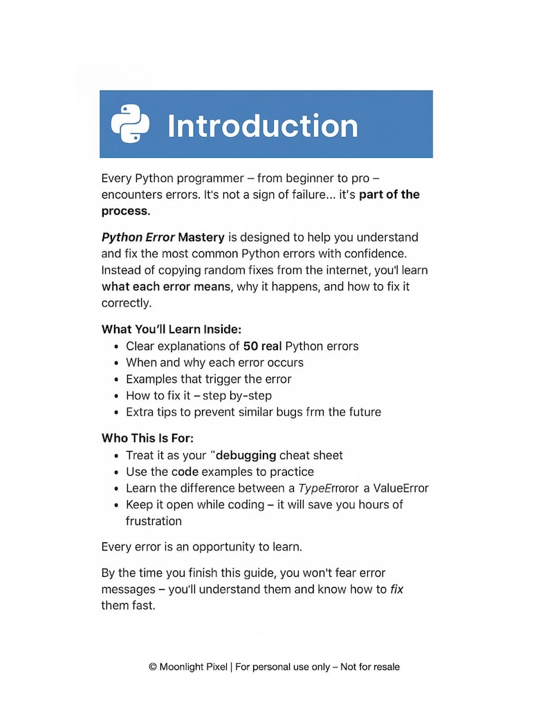 K&ouml;nnte beinhalten: Ein wei&szlig;es Dokument mit blauem Titel "Introduction". Der Text beschreibt Python Error Mastery, einschlie&szlig;lich Erkl&auml;rungen, Beispiele und L&ouml;sungen. Es richtet sich an Programmierer, um h&auml;ufige Python-Fehler zu verstehen und zu beheben.