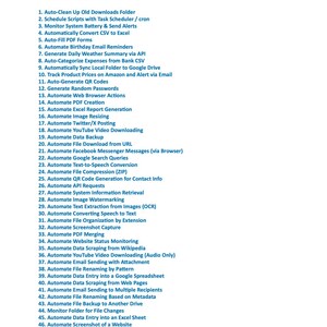 以下が含まれることがあります： 「目次」と題された白いドキュメントには、47 の自動化タスクがリストされています。タスクには、ファイル管理、データ処理、Web 自動化、ソーシャルメディアへの投稿が含まれます。このドキュメントはMoonlight Pixelからのものです。