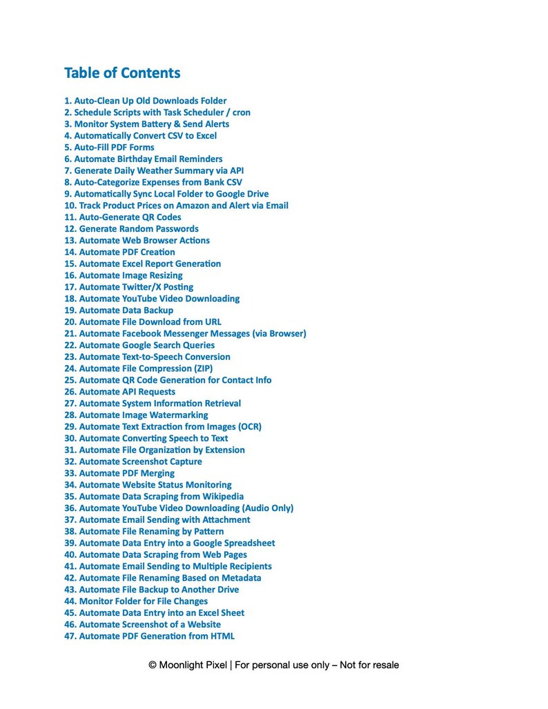 以下が含まれることがあります： 「目次」と題された白いドキュメントには、47 の自動化タスクがリストされています。タスクには、ファイル管理、データ処理、Web 自動化、ソーシャルメディアへの投稿が含まれます。このドキュメントはMoonlight Pixelからのものです。