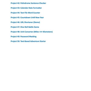 May include: A white background with a list of software project titles in blue text. Titles include "Stopwatch Timer", "Palindrome Sentence Checker", "Calendar Date Formatter", and "Text File Word Counter". The image also includes the text "Moonlight Pixel | For personal use only - Not for resale."