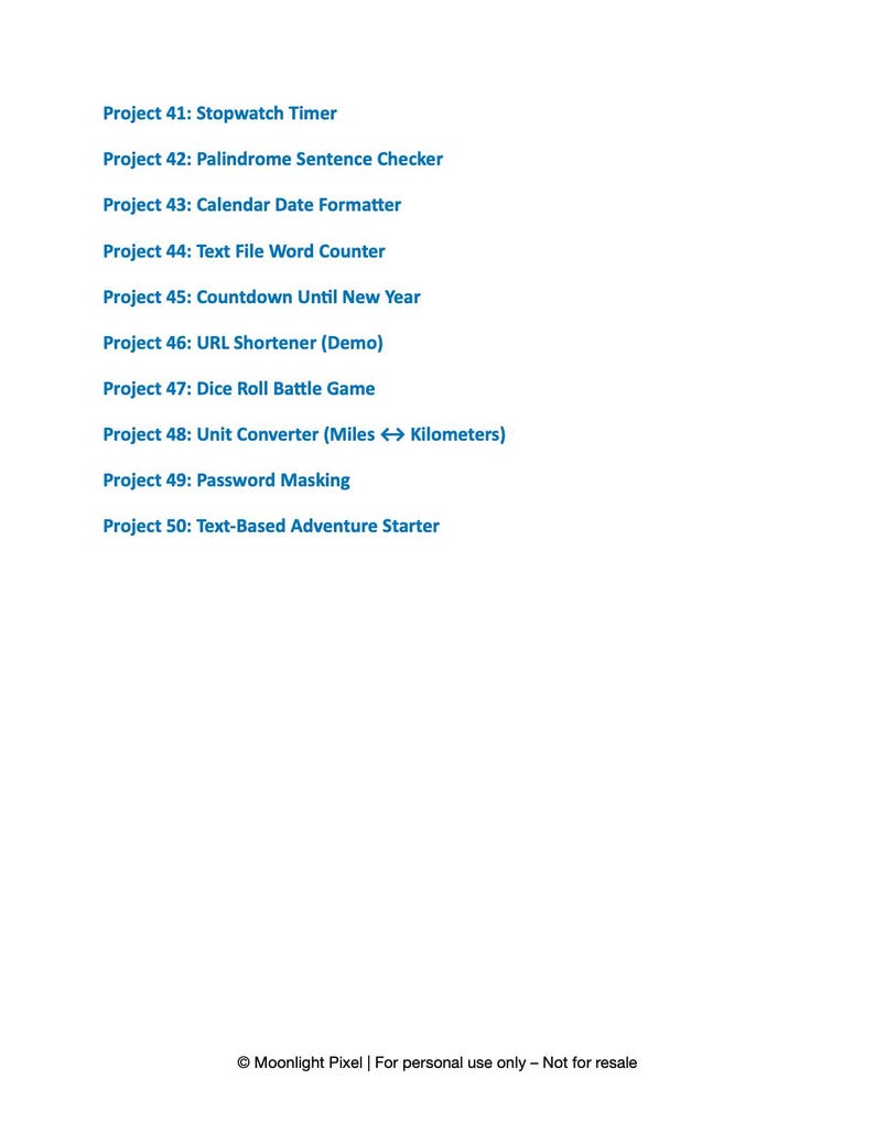 May include: A white background with a list of software project titles in blue text. Titles include "Stopwatch Timer", "Palindrome Sentence Checker", "Calendar Date Formatter", and "Text File Word Counter". The image also includes the text "Moonlight Pixel | For personal use only - Not for resale."