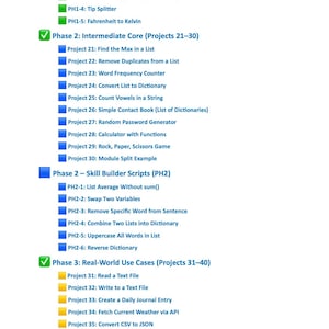 Może przedstawiać: Biały dokument z listą projekt&oacute;w programistycznych, podzielonych na fazy. Tytuły obejmują "Find the Max in a List" i "Convert CSV to JSON". Dokument od Moonlight Pixel, tylko do użytku osobistego.