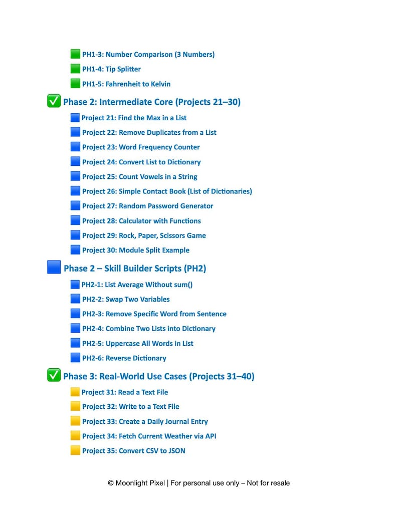 Może przedstawiać: Biały dokument z listą projekt&oacute;w programistycznych, podzielonych na fazy. Tytuły obejmują "Find the Max in a List" i "Convert CSV to JSON". Dokument od Moonlight Pixel, tylko do użytku osobistego.