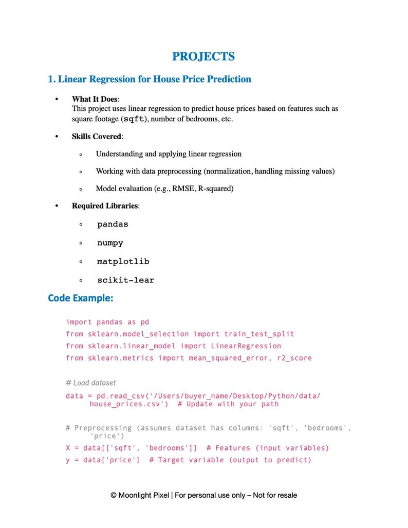May include: A white document titled "PROJECTS" with the subheading "1. Linear Regression for House Price Prediction." The document outlines a project using linear regression to predict house prices, including code examples and required libraries.