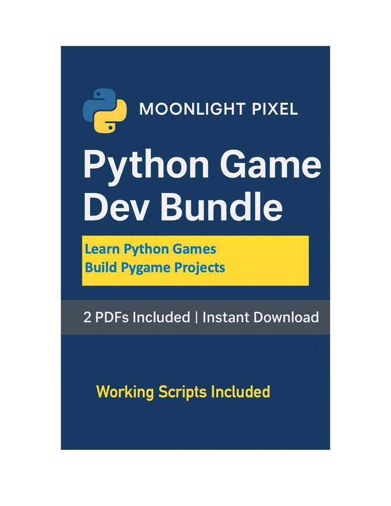 May include: A dark blue graphic with the text "Python Game Dev Bundle" and the Moonlight Pixel logo. The bundle includes "Learn Python Games" and "Build Pygame Projects". It also includes 2 PDFs and working scripts.