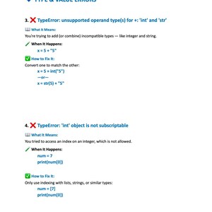 K&ouml;nnte beinhalten: Ein wei&szlig;es Dokument mit blauen &Uuml;berschriften und Text, der "Type & Value Errors" in der Programmierung erkl&auml;rt. Das Dokument beschreibt zwei Fehlertypen, einschlie&szlig;lich Beispiele und L&ouml;sungen. Der Text enth&auml;lt den Satz "Moonlight Pixel | For personal use only - Not for resale."