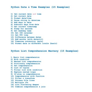 May include: A white page with the title "Table Of Contents:" and two lists of Python examples. The first list is "Python Date & Time Examples (15 Examples)" and the second is "Python List Comprehension Mastery (15 Examples)". The bottom of the page has the text "Moonlight Pixel | For personal use only - Not for resale".