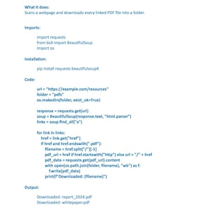 May include: A white document with black text detailing a Python script, titled "Project 2: Auto-Download All PDFs from a Webpage." The script's purpose, imports, installation, code, and output are listed. The document includes the text "Moonlight Pixel | For personal use only - Not for resale."