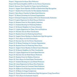 May include: A white document with a table of contents listing 34 projects. The projects cover topics like house price prediction, spam email detection, and cancer detection. The document includes the text "Moonlight Pixel | For personal use only - Not for resale."