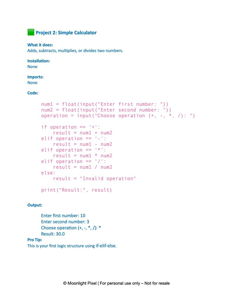 Może przedstawiać: Biała strona z tytułem "Project 2: Simple Calculator" i kodem Pythona dla kalkulatora. Kod zawiera monity wejściowe, operacje i wyjścia. Wyjście pokazuje wynik problemu mnożenia. Dołączona jest wskaz&oacute;wka.