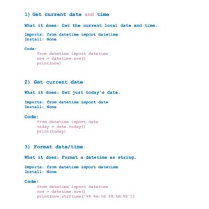 May include: A white page with blue text titled "Python Date & Time Examples (15 Examples)". The page contains code snippets demonstrating how to get and format date and time using Python. The text includes "Get current date and time" and "Get current date".