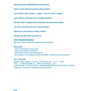 May include: A white page with the title "Project 4 - Visual Clustering (k-means)" and bulleted lists explaining the concept, tools, and code. The page includes text about clustering algorithms and data analysis.