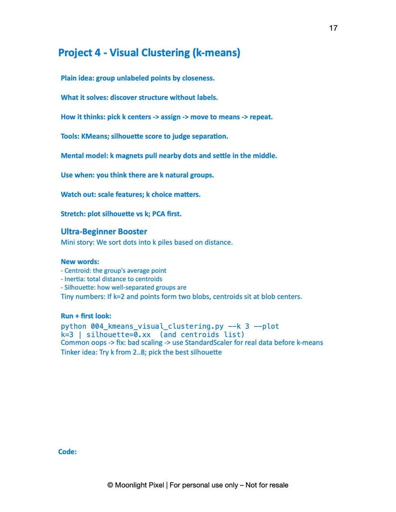 May include: A white page with the title "Project 4 - Visual Clustering (k-means)" and bulleted lists explaining the concept, tools, and code. The page includes text about clustering algorithms and data analysis.