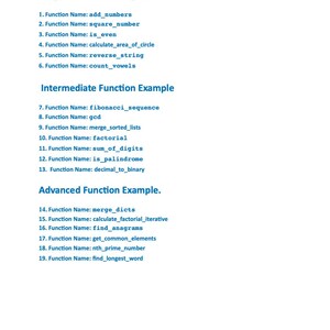 May include: A white page with blue headings and text listing simple, intermediate, and advanced function examples. The examples include function names like add_numbers, square_number, and fibonacci_sequence. The text also includes the copyright notice: Moonlight Pixel | For personal use only - Not for resale.
