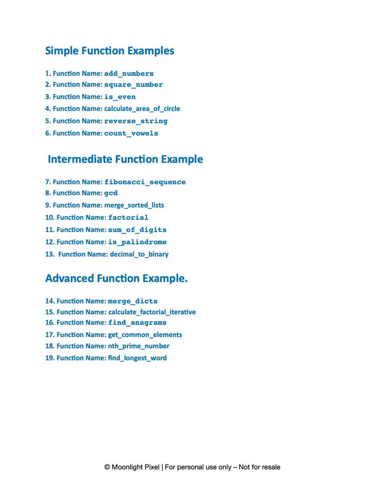 May include: A white page with blue headings and text listing simple, intermediate, and advanced function examples. The examples include function names like add_numbers, square_number, and fibonacci_sequence. The text also includes the copyright notice: Moonlight Pixel | For personal use only - Not for resale.