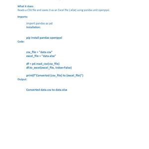 以下が含まれることがあります： 「Project 4: Automatically Convert CSV to Excel」というタイトルの白いドキュメント。 pandasとopenpyxlを使用してCSVファイルをExcelファイルに変換する方法を説明し、コード例と出力を掲載しています。