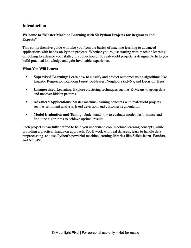 May include: A white document with the title "Master Machine Learning with 50 Python Projects for Beginners and Experts." The document outlines topics including supervised and unsupervised learning, and advanced applications.