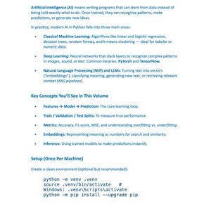 May include: A white page with text explaining Artificial Intelligence (AI) concepts, including machine learning, deep learning, and natural language processing. The page also includes Python setup instructions and mentions key concepts like features, models, and predictions.