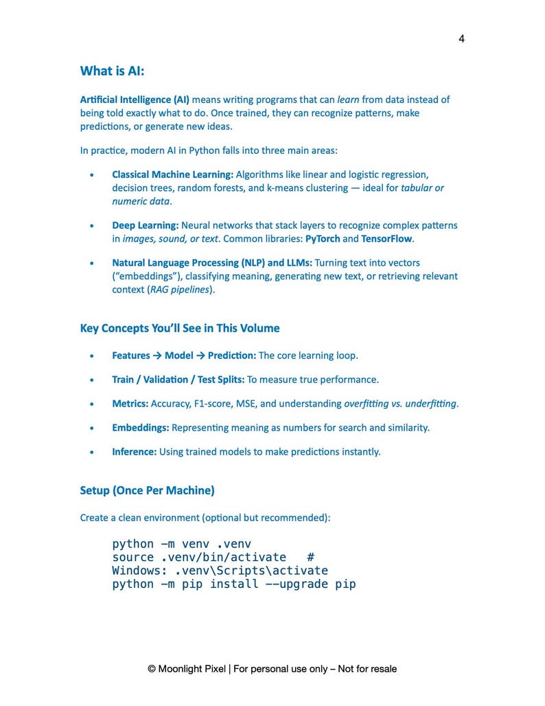 May include: A white page with text explaining Artificial Intelligence (AI) concepts, including machine learning, deep learning, and natural language processing. The page also includes Python setup instructions and mentions key concepts like features, models, and predictions.