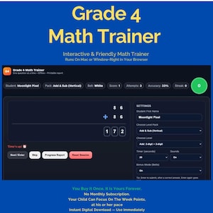 Grade 4 Math Trainer – Interactive App, Fractions, Decimals (Digital Download)