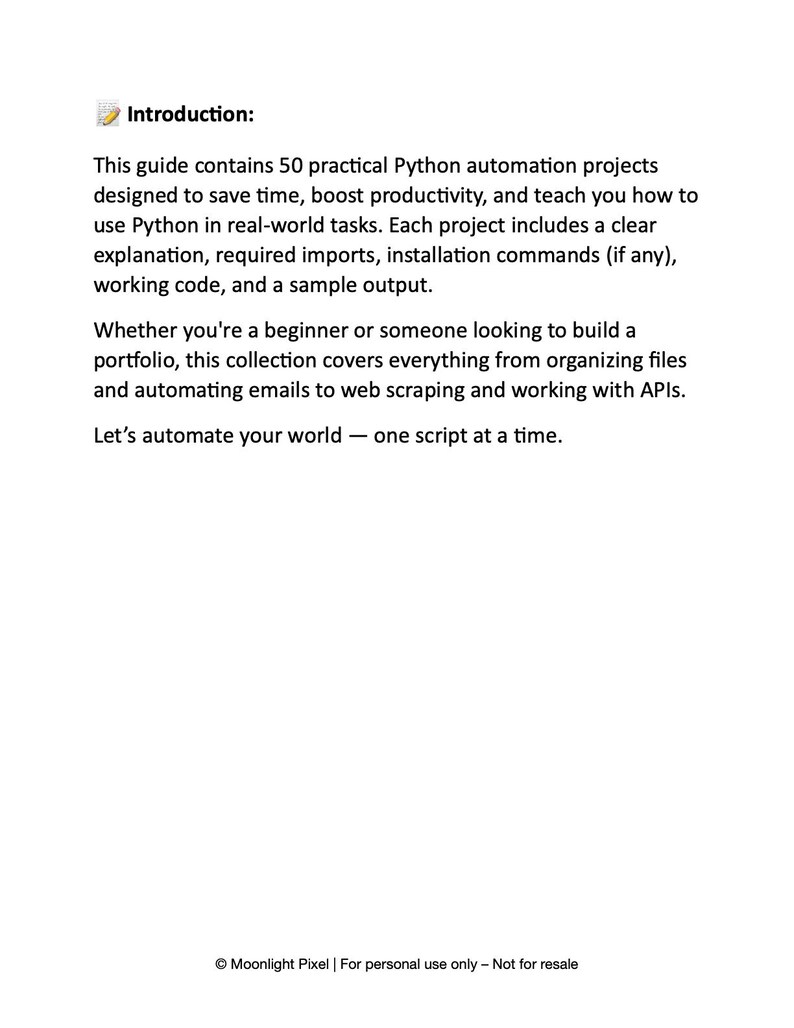 以下が含まれることがあります： 「Introduction:」のテキストと、50個のPython自動化プロジェクトを解説するガイドの説明が書かれた白いページ。このガイドは、時間を節約し、生産性を向上させることを約束します。「Let's automate your world」というフレーズが含まれています。