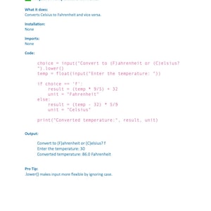 Może przedstawiać: Biała strona z tytułem "Project 3: Temperature Converter" i kodem Python do konwersji stopni Celsjusza na Fahrenheita i odwrotnie. Wynik pokazuje konwersję z 30 na 86,0 Fahrenheita.